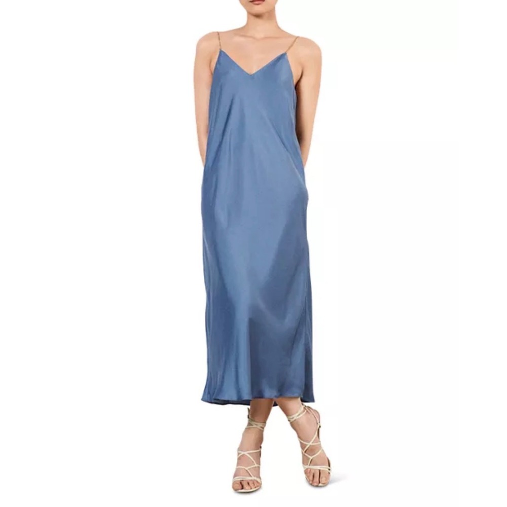 ba&sh Chiara Midi Slip Dress Slate Blue Satin Gold Chain Straps‎ Size 1 S